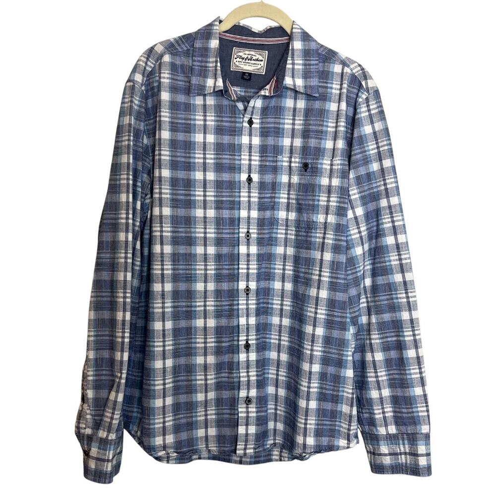 Flag & Anthem Plaid Button Up Shirt Mens Medium Blue White Cotton Long Sleeve